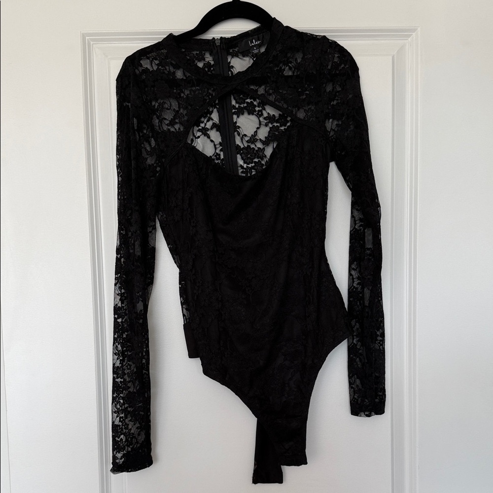 Lulu's Black Lace Bodysuit with Long Sleeves